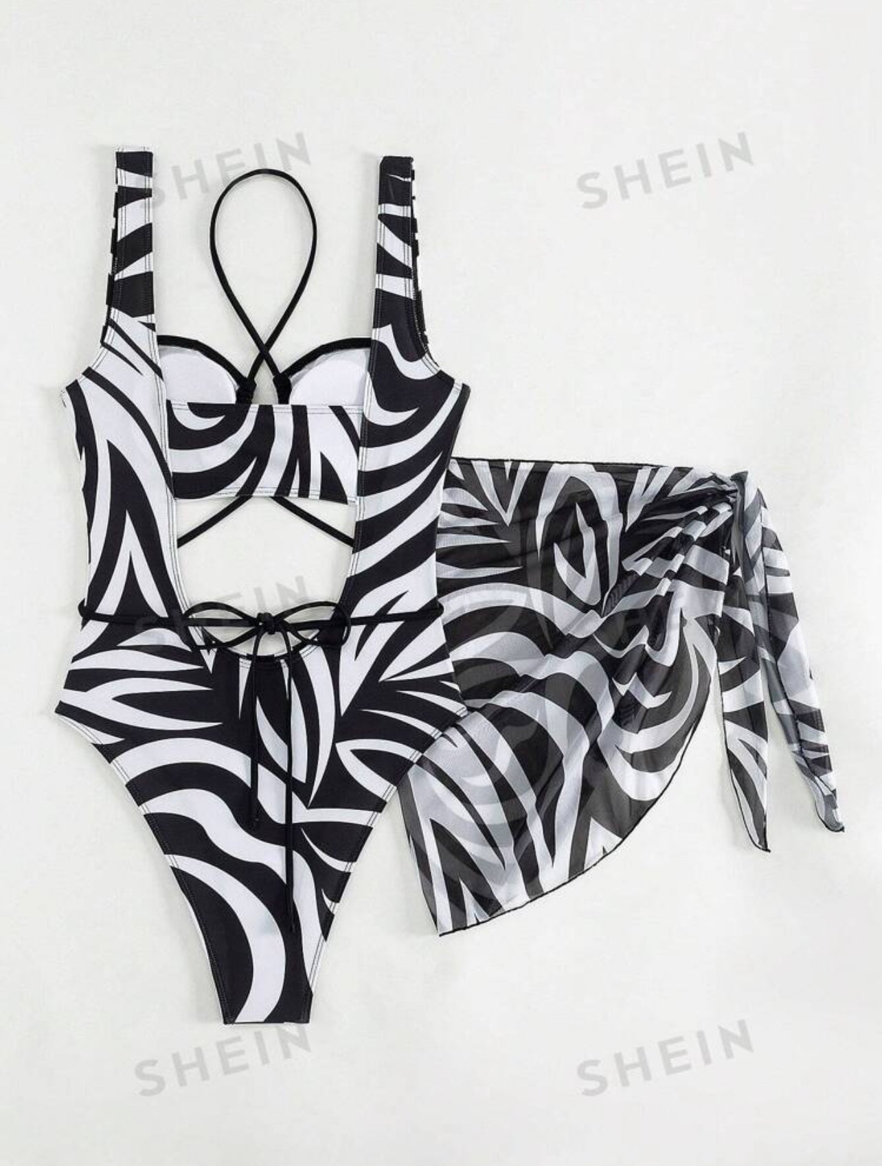 Allover Print Cut Out One Piece Swimsuit With Beach Skirt