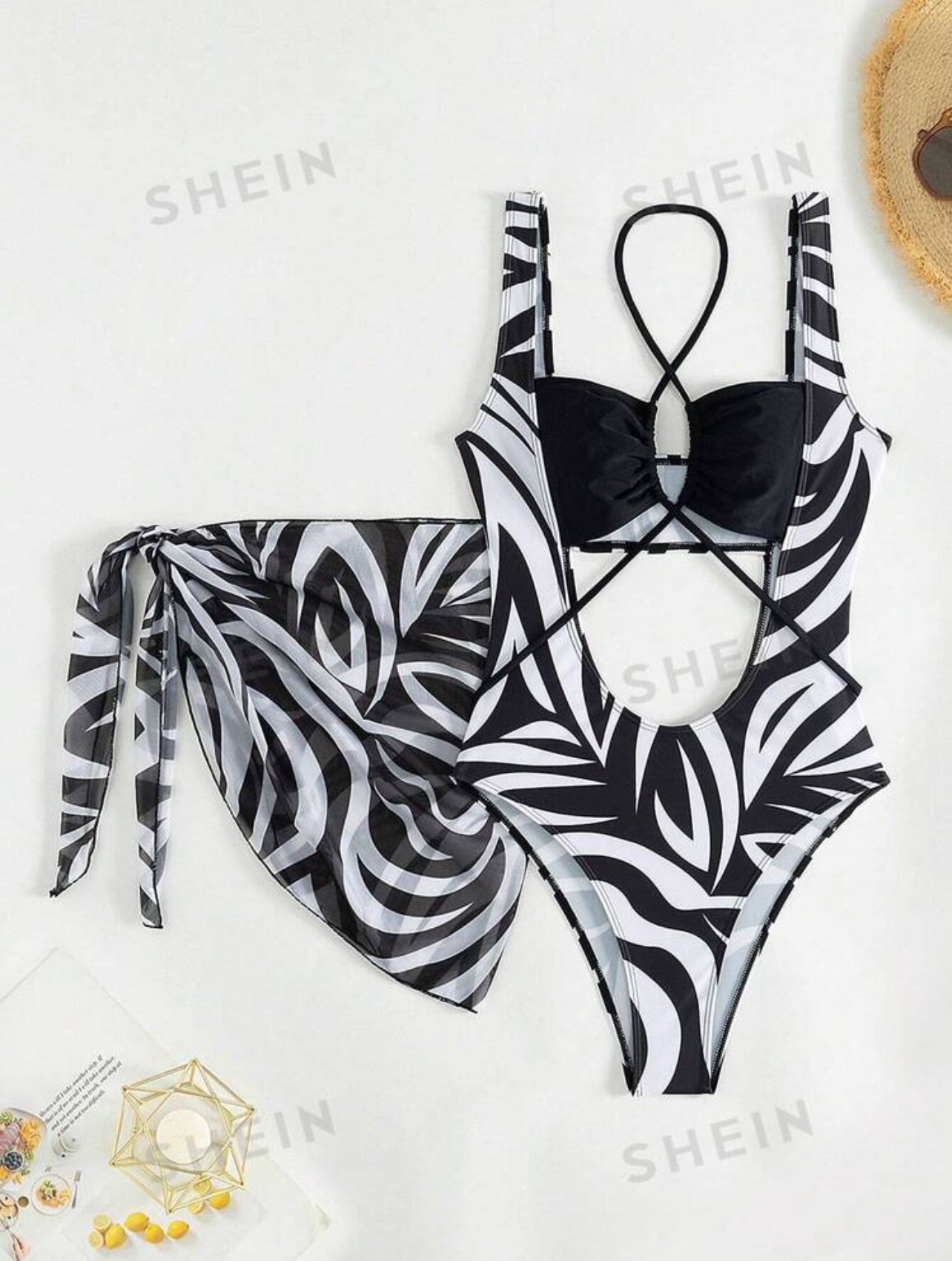 Allover Print Cut Out One Piece Swimsuit With Beach Skirt